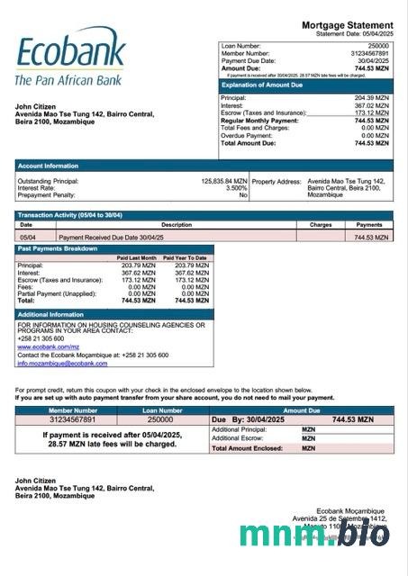 Mozambik Ecobank Moçambique wyciąg z kredytu hipotecznego szablon Word i PDF